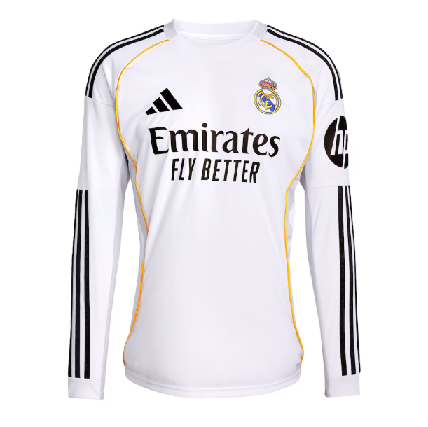 2025-26 Real Madrid Home Long Sleeve Soccer Jersey Shirt